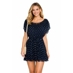 Snidel Black Polka Dot Lace Neck Short Sleeve Pleated Belted Dress‎ Size F OS M